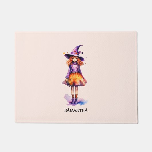 Gepersonaliseerde schattige Kind heks Halloween Deurmat (Voorkant)