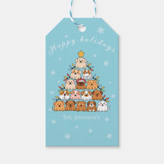 Gepersonaliseerde schattige puppies kerstboom hond cadeaulabel (Voorkant)