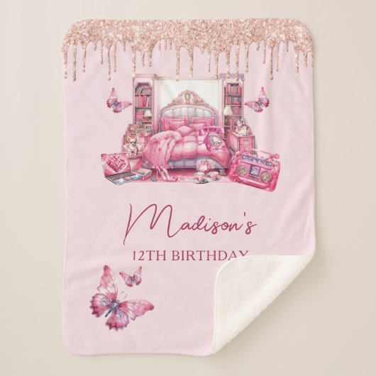 Gepersonaliseerde Schattige roze Sleepover Meisje  Sherpa Deken (Voorkant)