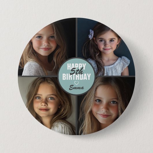 Gepersonaliseerde Schattigee 4 foto verjaardag elk Ronde Button 7,6 Cm (Voorkant)