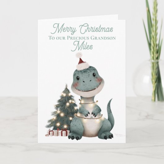 Gepersonaliseerde Schattigee Aquarel Kerst Dinosau Feestdagen Kaart (Voorkant)