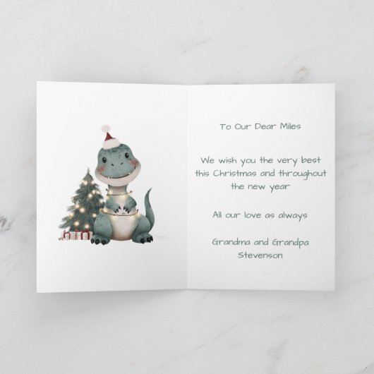 Gepersonaliseerde Schattigee Aquarel Kerst Dinosau Feestdagen Kaart (Binnen)