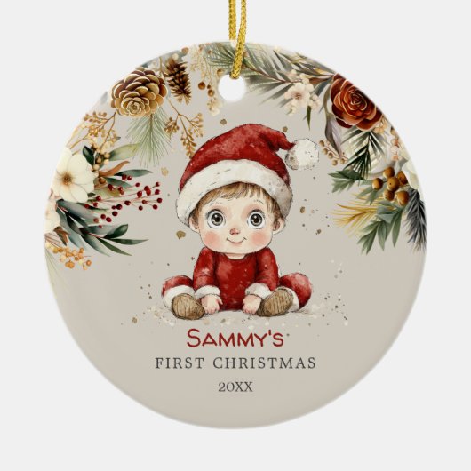 Gepersonaliseerde Schattigee baby's eerste kerst Keramisch Ornament (Voorkant)