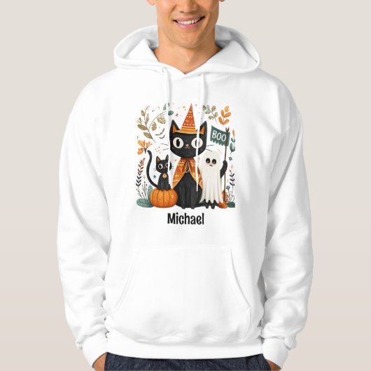 Gepersonaliseerde Schattigee Black Cat & Ghost Hal Hoodie (Voorkant)