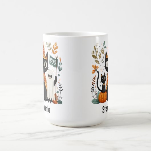 Gepersonaliseerde Schattigee Black Cat & Ghost Hal Koffiemok (Center)