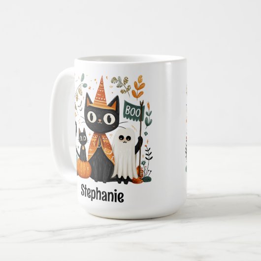 Gepersonaliseerde Schattigee Black Cat & Ghost Hal Koffiemok (Voorkant links)