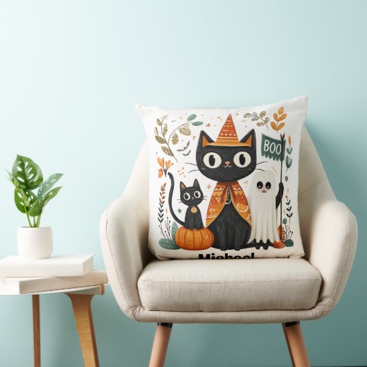 Gepersonaliseerde Schattigee Black Cat & Ghost Hal Kussen (Stoel)