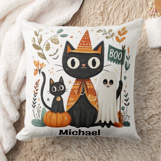 Gepersonaliseerde Schattigee Black Cat & Ghost Hal Kussen (Deken)