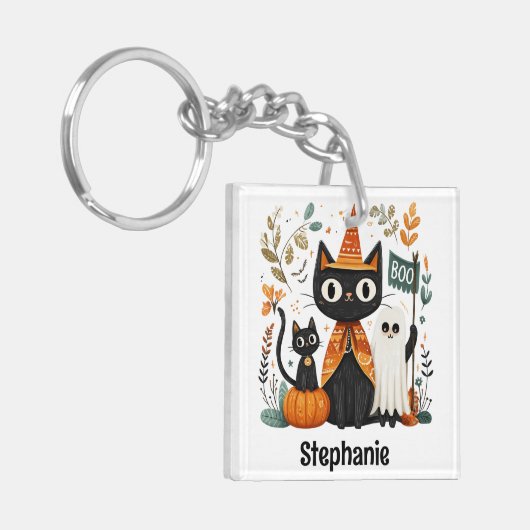 Gepersonaliseerde Schattigee Black Cat & Ghost Hal Sleutelhanger (Voorkant Links)