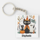 Gepersonaliseerde Schattigee Black Cat & Ghost Hal Sleutelhanger (Voorkant)