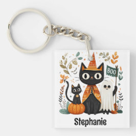 Gepersonaliseerde Schattigee Black Cat & Ghost Hal Sleutelhanger