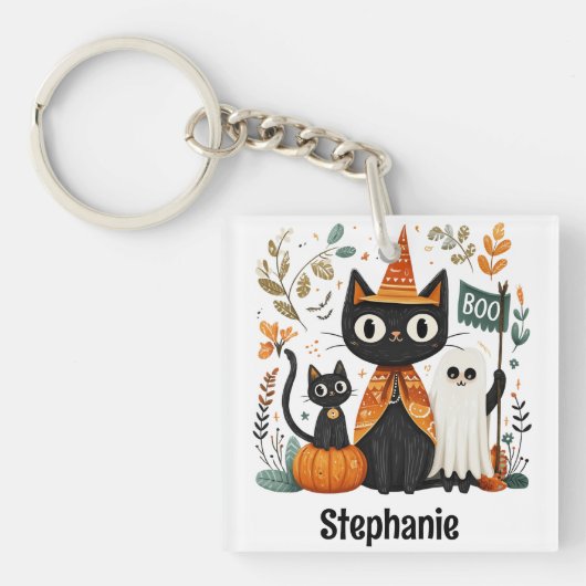 Gepersonaliseerde Schattigee Black Cat & Ghost Hal Sleutelhanger (Voorkant)