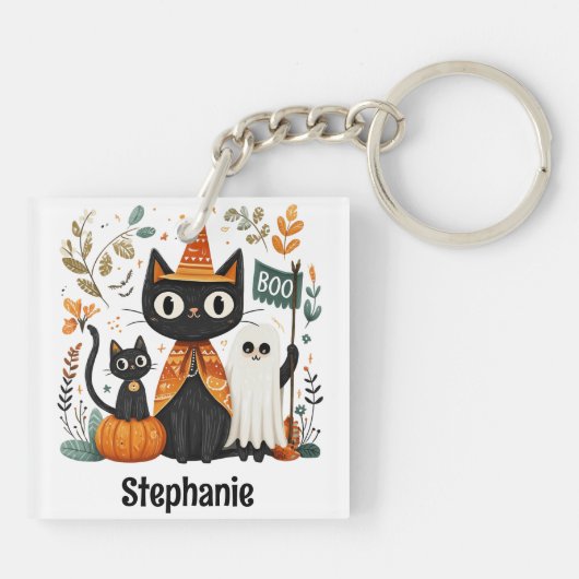 Gepersonaliseerde Schattigee Black Cat & Ghost Hal Sleutelhanger (Achterkant)
