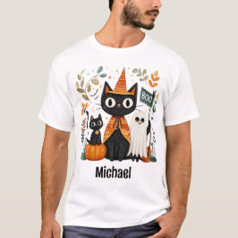 Gepersonaliseerde Schattigee Black Cat & Ghost Hal T-shirt