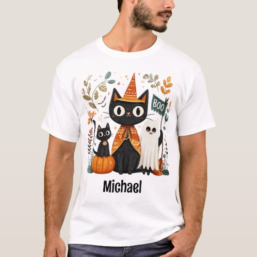 Gepersonaliseerde Schattigee Black Cat & Ghost Hal T-shirt (Voorkant)