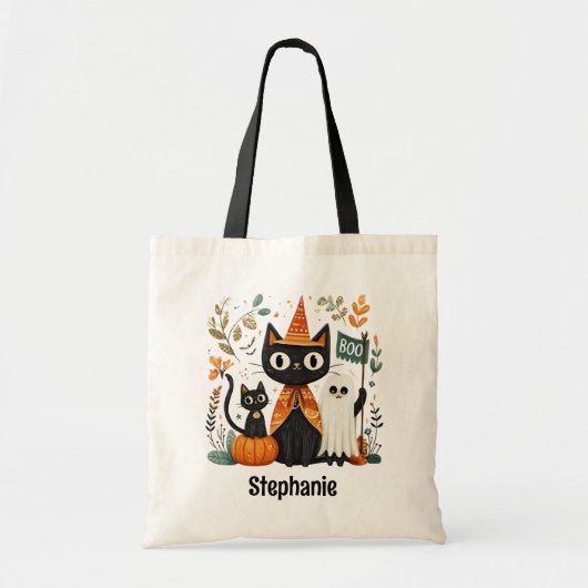 Gepersonaliseerde Schattigee Black Cat & Ghost Hal Tote Bag (Voorkant)