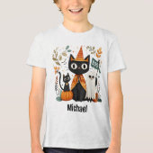 Gepersonaliseerde Schattigee Black Cat & Ghost Hal Tri-Blend Shirt (Voorkant)