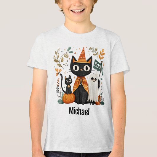 Gepersonaliseerde Schattigee Black Cat & Ghost Hal Tri-Blend Shirt (Voorkant)