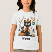 Gepersonaliseerde Schattigee Black Cat & Ghost Hal Tri-Blend Shirt (Voorkant)