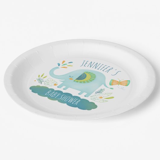 Gepersonaliseerde Schattigee Blue Elephant Baby sh Papieren Bordje (Gekanteld)