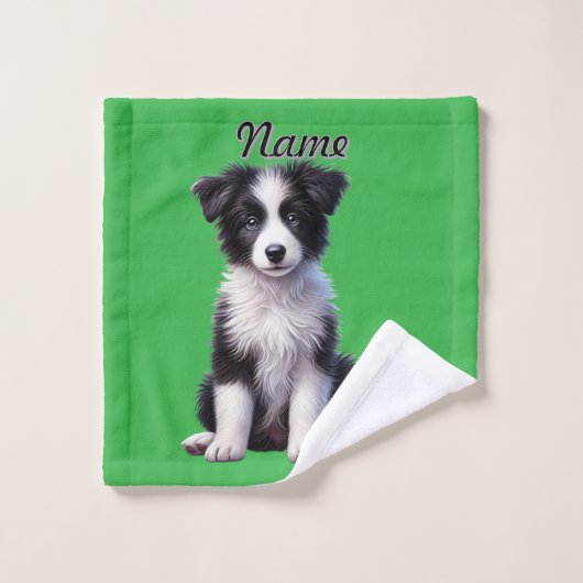 Gepersonaliseerde Schattigee Border Collie Puppy Bad Handdoek (Wasdoekje)
