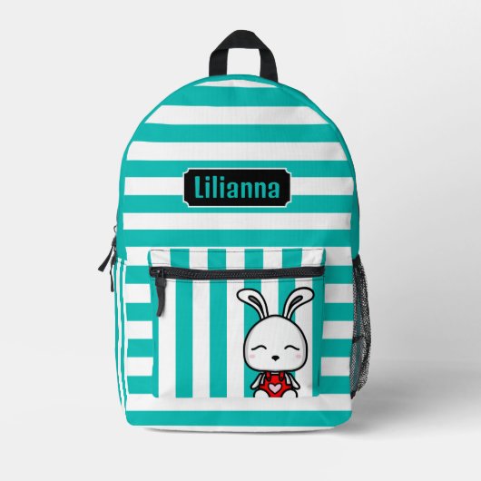 Gepersonaliseerde Schattigee Bunny Turquoise Gestr Bedrukte Rugzak (Voorkant)