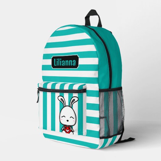 Gepersonaliseerde Schattigee Bunny Turquoise Gestr Bedrukte Rugzak (Achterkant Hoek Rechts)