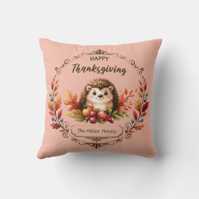 Gepersonaliseerde Schattigee egel Happy Thanksgivi Kussen (Achterkant)