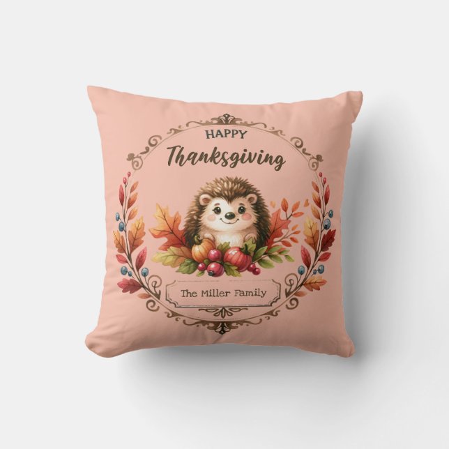 Gepersonaliseerde Schattigee egel Happy Thanksgivi Kussen (Voorkant)