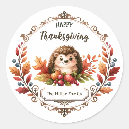 Gepersonaliseerde Schattigee egel Happy Thanksgivi Ronde Sticker (Voorkant)