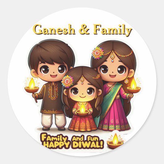 Gepersonaliseerde Schattigee Familie in Diwali Att Ronde Sticker (Voorkant)