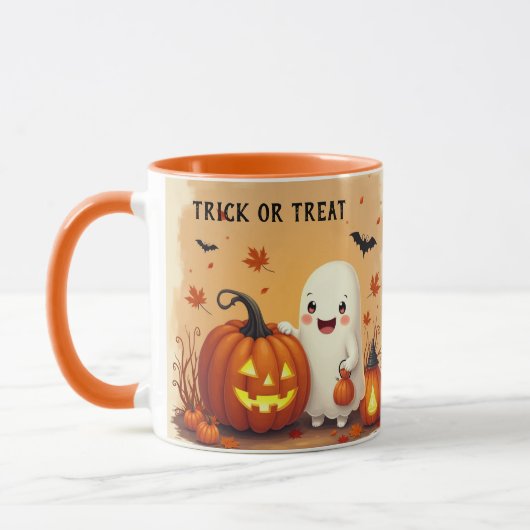 Gepersonaliseerde Schattigee Ghost & Pumpkin Hall Mok (Links)