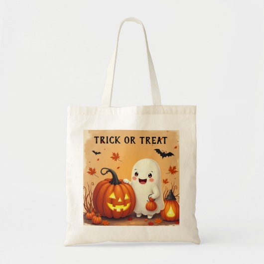 Gepersonaliseerde Schattigee Ghost & Pumpkin Hallo Tote Bag (Voorkant)