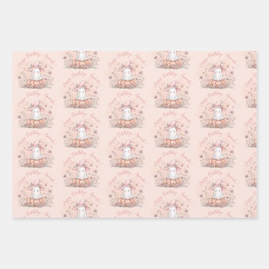 Gepersonaliseerde Schattigee Ghost-verjaardag Inpakpapier Vel (Voorkant)