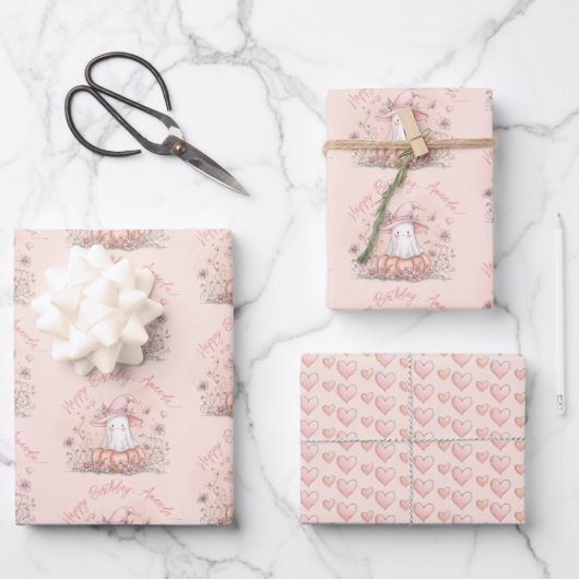 Gepersonaliseerde Schattigee Ghost-verjaardag Inpakpapier Vel (Voorkant)