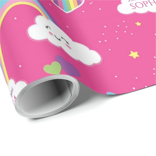 Gepersonaliseerde Schattigee Girly Pink Rainbow &  Cadeaupapier (Rol Hoek)