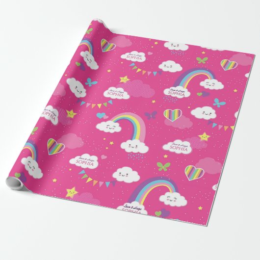 Gepersonaliseerde Schattigee Girly Pink Rainbow &  Cadeaupapier (Uitgerold)