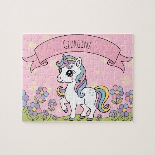 Gepersonaliseerde Schattigee Girly Unicorn Legpuzzel (Horizontaal)
