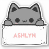 Gepersonaliseerde Schattigee Grijze Kattennaam Sticker (Voorkant)
