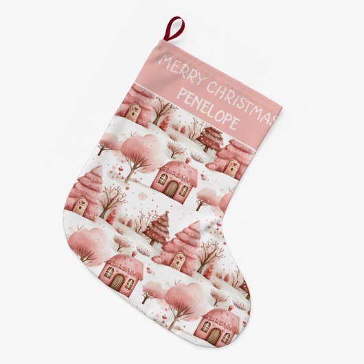 Gepersonaliseerde Schattigee grillige roze winterk Grote Kerstsok (Voorkant (Hangend))