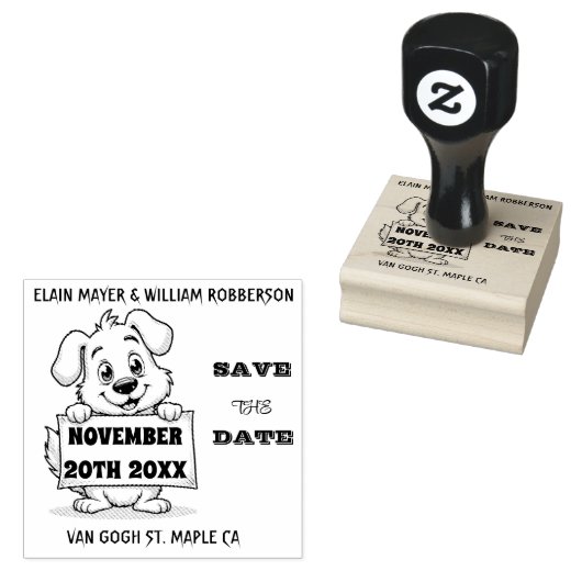 Gepersonaliseerde Schattigee Hond Bewaar de DateWo Rubberstempel (Gestempeld)