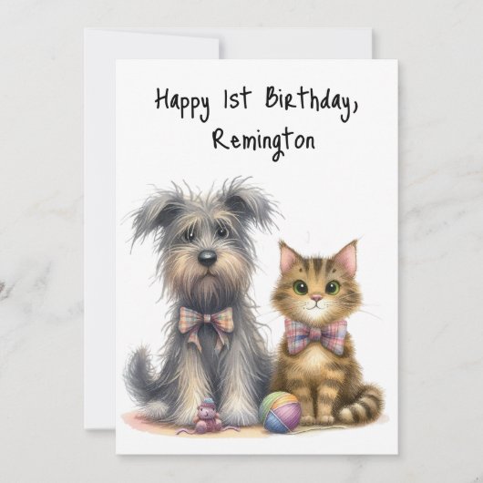 Gepersonaliseerde Schattigee hond en kat Happy 1st Kaart (Voorkant)