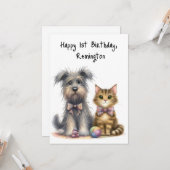 Gepersonaliseerde Schattigee hond en kat Happy 1st Kaart (Voorkant / Achterkant in situ)