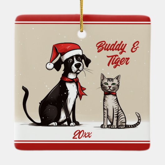Gepersonaliseerde Schattigee Hond- en Kattenkerst Keramisch Ornament (Achterkant)