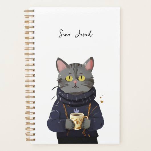Gepersonaliseerde Schattigee Kat Gezellige Koffie  Planner (Voorkant)