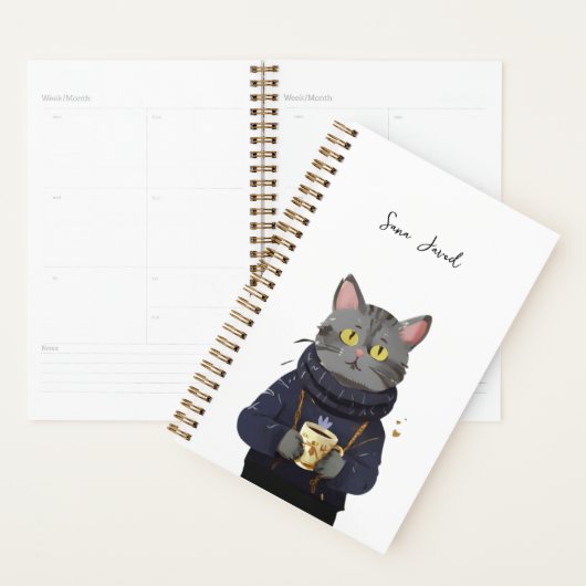 Gepersonaliseerde Schattigee Kat Gezellige Koffie  Planner (Display)
