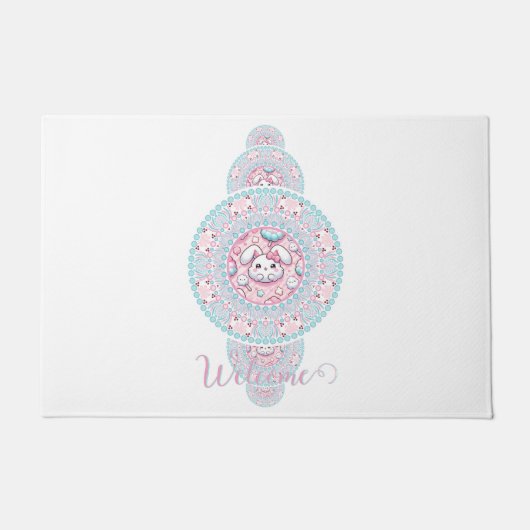 Gepersonaliseerde Schattigee Kawaii Bunny Ornament Deurmat (Voorkant)
