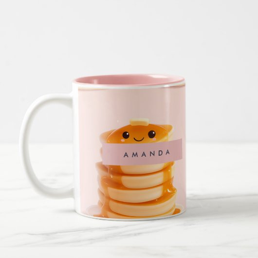 Gepersonaliseerde Schattigee Kawaii Pannenkoekenst Tweekleurige Koffiemok (Links)