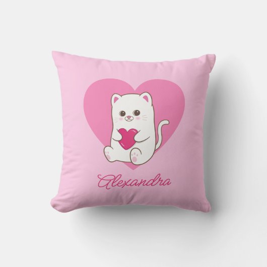 Gepersonaliseerde Schattigee Kawaii Roze Hart Kat  Kussen (Voorkant)