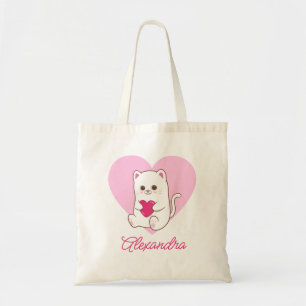 Gepersonaliseerde Schattigee Kawaii Roze Hart Kat  Tote Bag